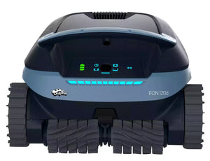 Robot piscina Dolphin Eon 100i su fondo bianco, con luci LED e cingoli, adatto per piscine fino a 15 metri.