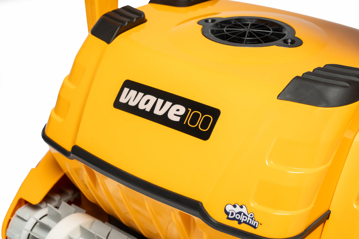 Dolphin Wave 100 Gyro Digital, robot piscina giallo, dettaglio del logo e design superiore.