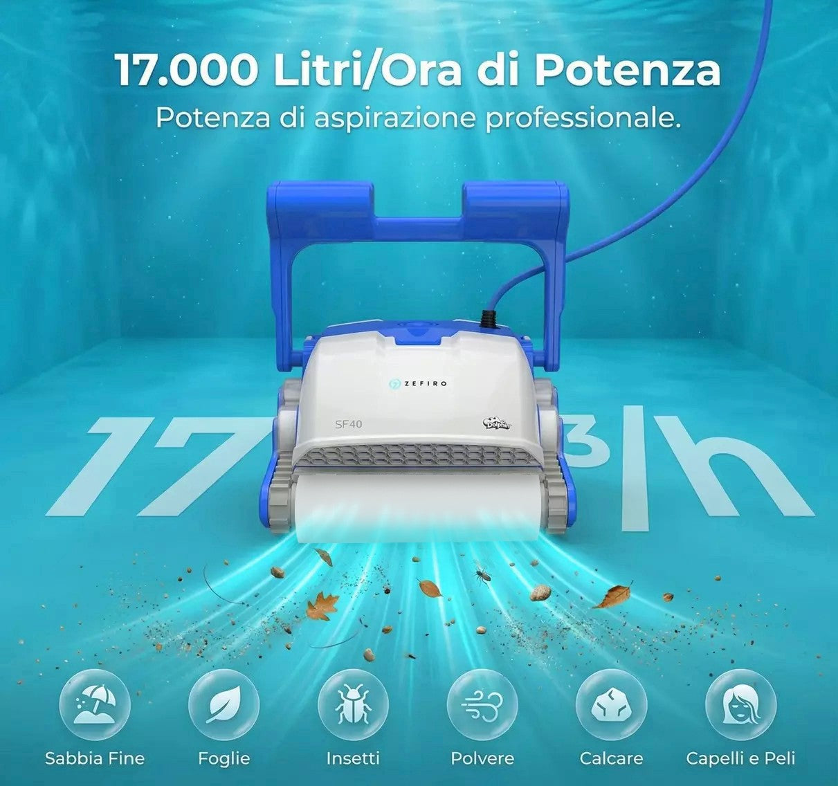 Dolphin ZEFIRO SF40 Gyro Digital - Robot Elettrico Pulitore per Piscina fino a 12 Mt TOP GAMMA per Rivestimento in Ceramica Cemento Verniciato Vetroresina & PVC con Gradino Perimetrale - MY2026