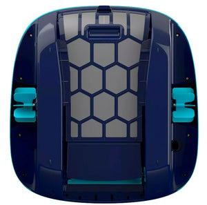 Robot piscina Dolphin Skimmi 300, vista dall'alto, design blu con dettagli esagonali.