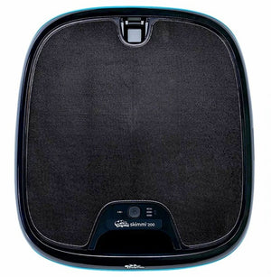 Robot piscina Dolphin Skimmi 300, vista frontale, design nero, sensori intelligenti, bordo piscina.