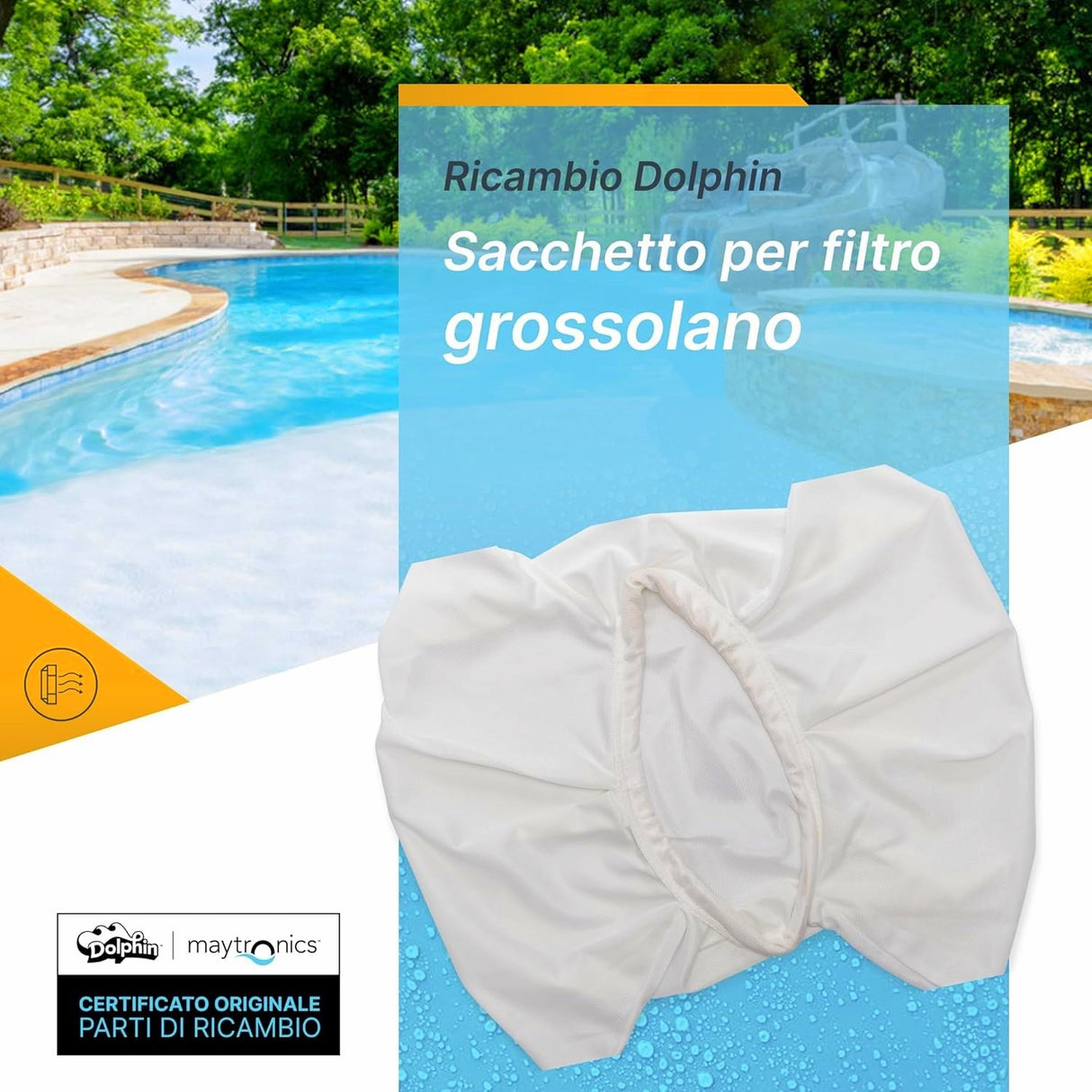 Sacchetto filtro grosso per robot piscina Dolphin, sfondo piscina e vegetazione.
