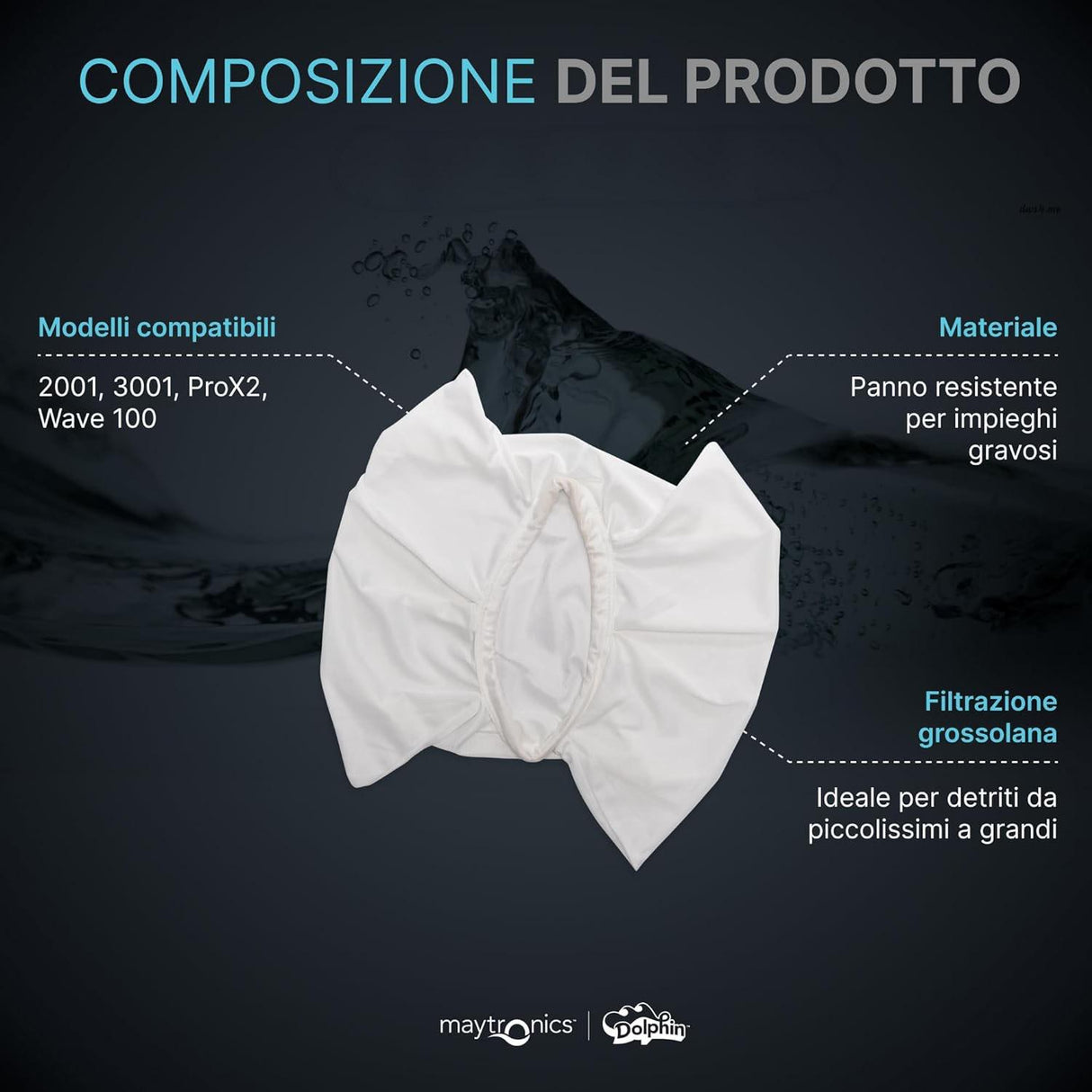 Sacchetto filtro in tessuto bianco da 50 micron per robot piscina Maytronics, compatibile con vari modelli.