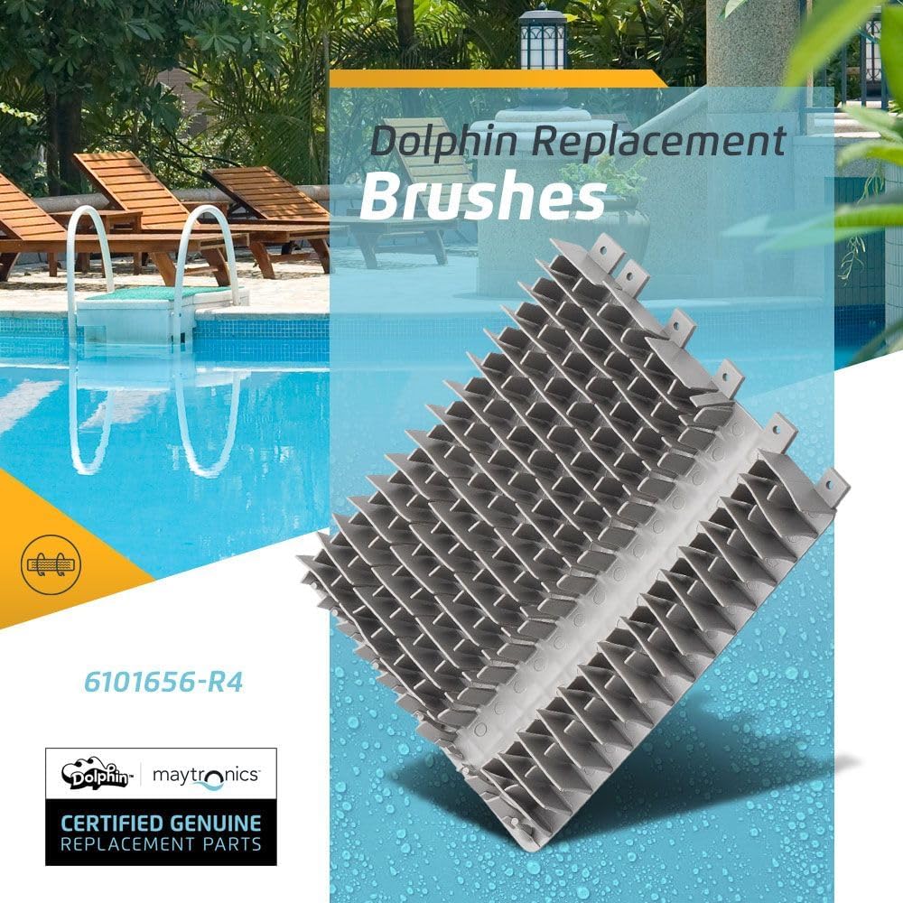 Spazzola posteriore in PVC per robot piscina Maytronics Dolphin, vista con piscina sullo sfondo.