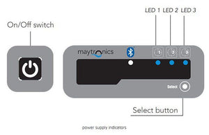 Trasformatore con timer e Bluetooth per robot piscina Maytronics, pulsanti e LED indicati.