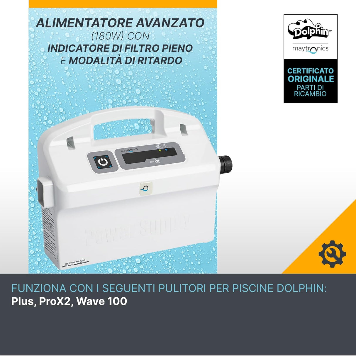 Trasformatore di alimentazione con spia filtro pieno e ricevitore per robot piscina Dolphin Dynamic Plus.