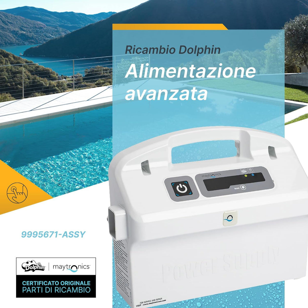 Trasformatore di alimentazione Dolphin con spia filtro pieno, vista piscina sullo sfondo.