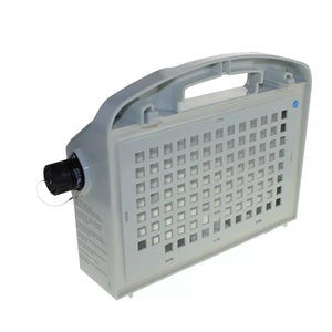 Trasformatore di alimentazione per robot piscina Maytronics Dolphin, vista laterale con griglia e maniglia.