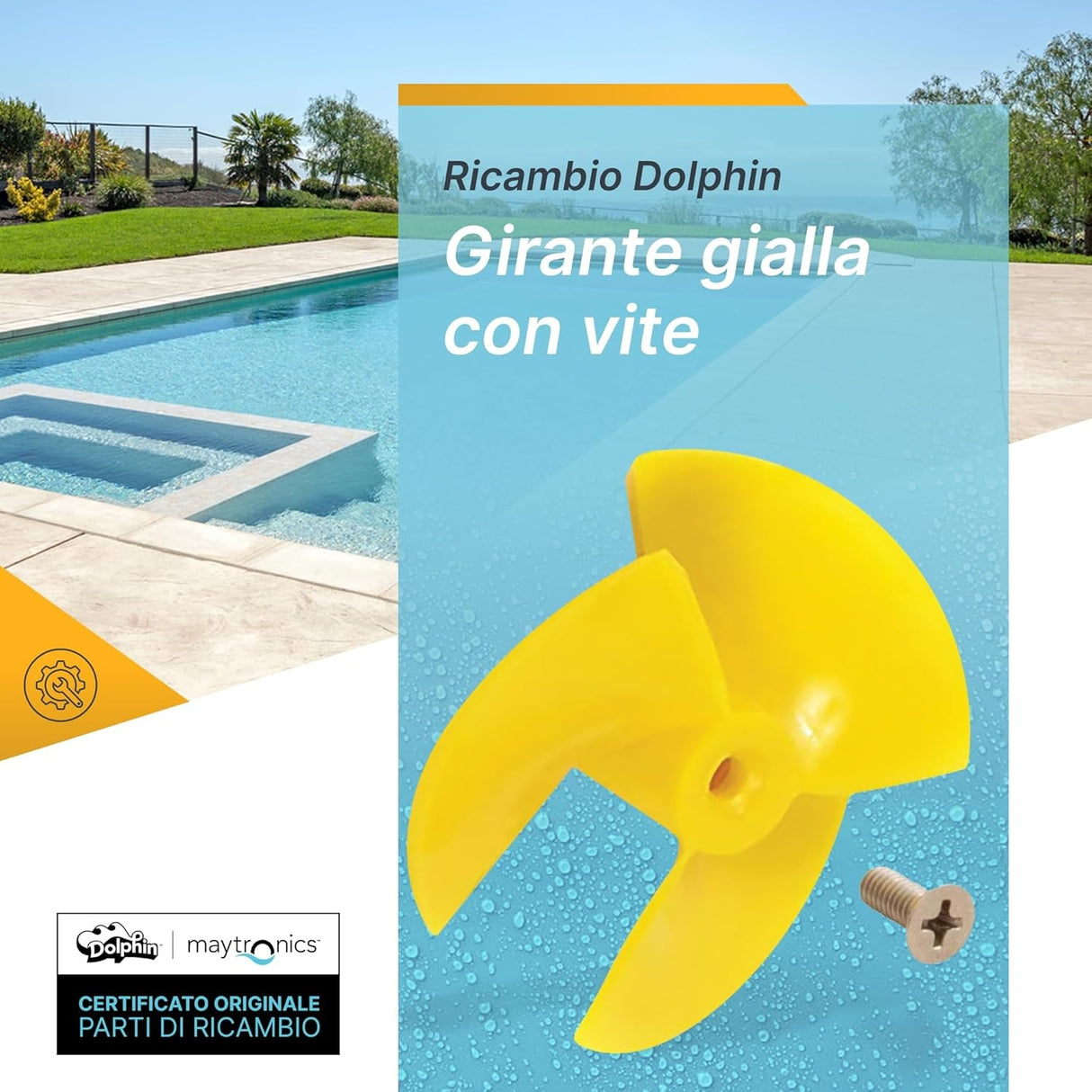Ventola elica gialla con vite per robot piscina Maytronics Dolphin, vista su sfondo piscina.