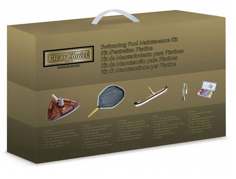 Kit Manutenzione Piscina Professionale Clear Choice Gold con Kit Analisi Acqua + Aspirafango + Termometro + Retino & Spazzola in Alluminio